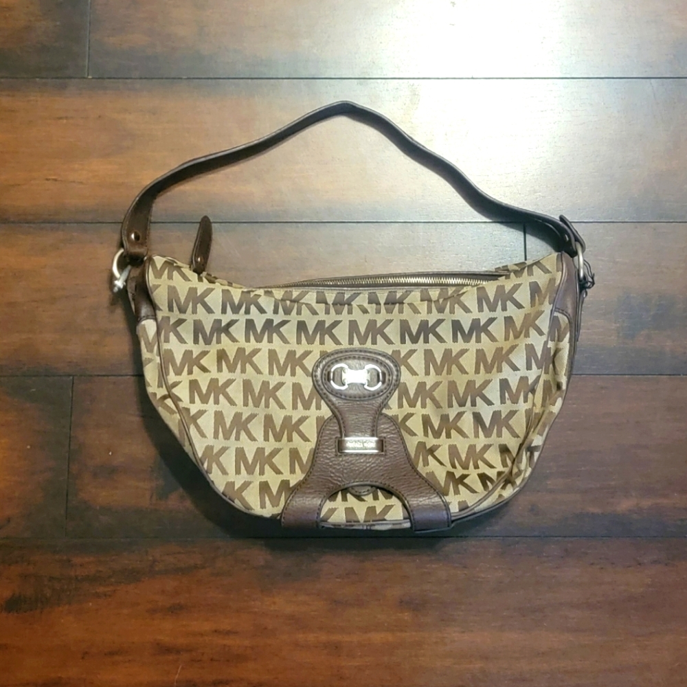 Michael Kors Vintage Brown Leather Canvas Monogram Shoulder Bag Purse